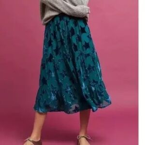 Maeve Anthropologie Starry Eyed Teal Green Burn Out Velvet Star Skirt Size m